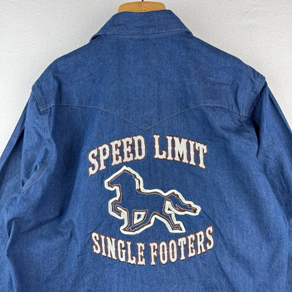 Vtg Wrangler Western Denim Pearl Snap Men's Large Embroidered Speed‎ Limit
